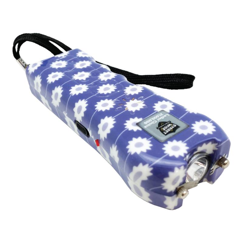 Streetwise™ Ladies' Choice LED Stun Gun Alarm in a lavender and white daisy floral pattern with wrist lanyard showing the flashlight at the end