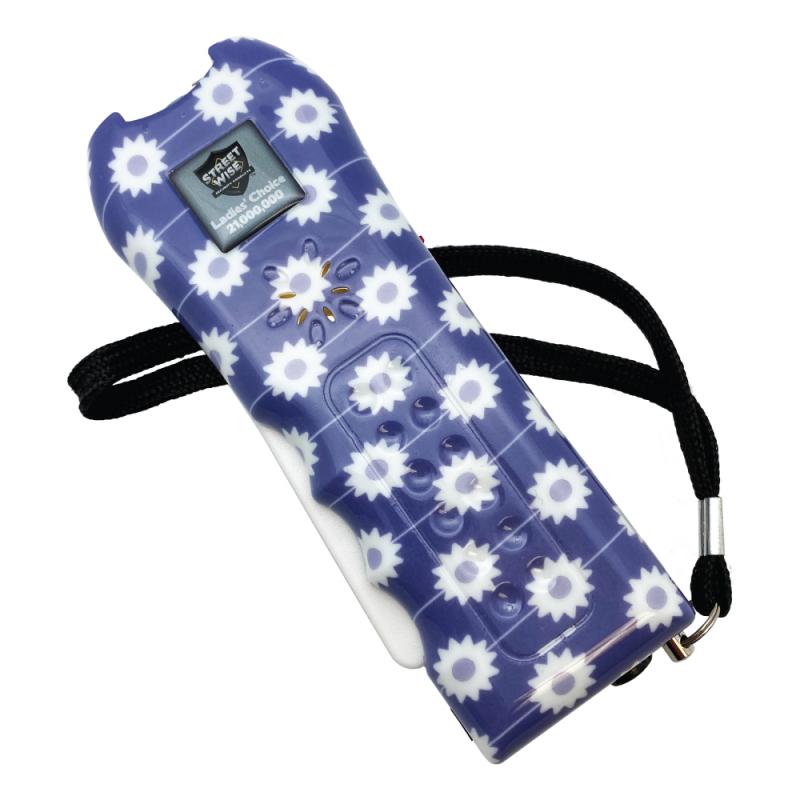 Streetwise™ Ladies' Choice LED Stun Gun Alarm in a lavender and white daisy floral pattern with wrist lanyard