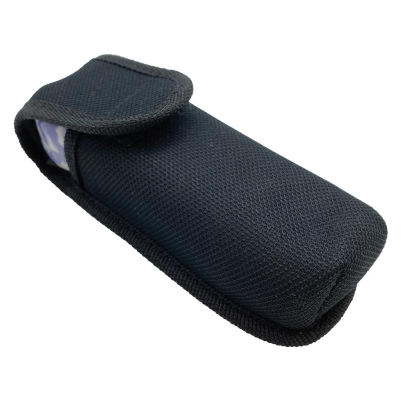 Streetwise™ Ladies' Choice LED Stun Gun Alarm in a lavender and white daisy floral pattern tucked inside its black nylon carrying case