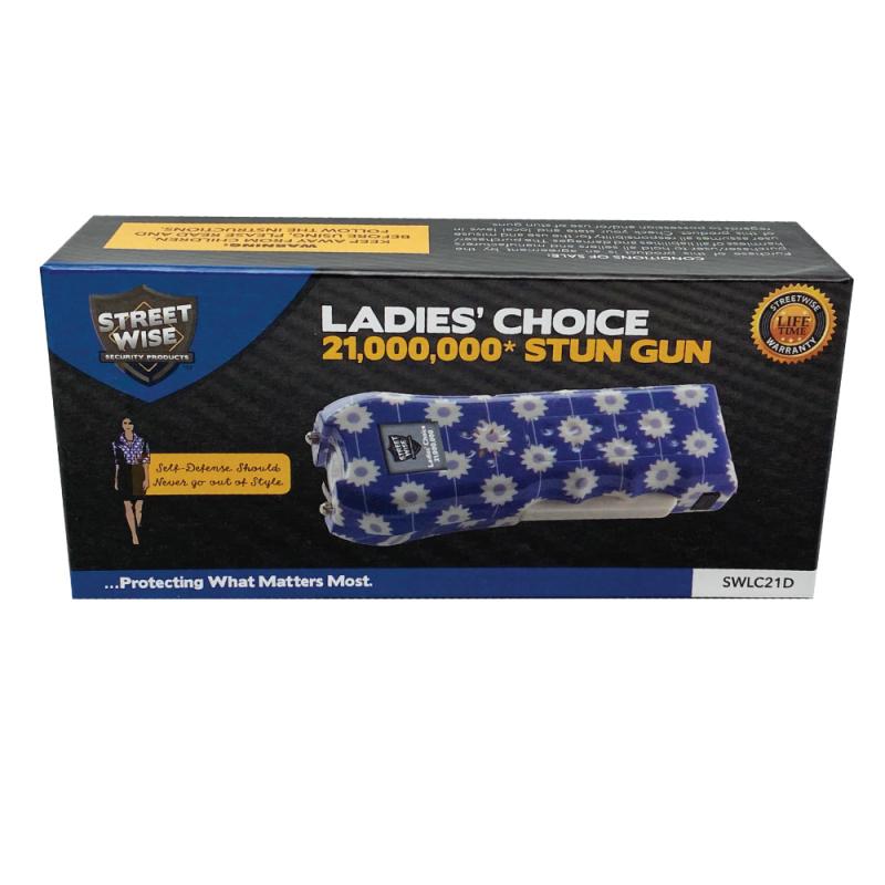Streetwise™ Ladies' Choice LED Stun Gun Alarm in a lavender and white daisy floral pattern in packaging
