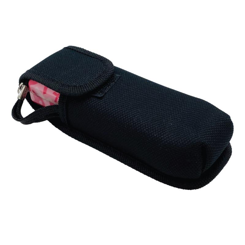 Pink Street Wise Ladies' Choice stun gun in a pink ribbon pattern inside its black nylon carrying case
