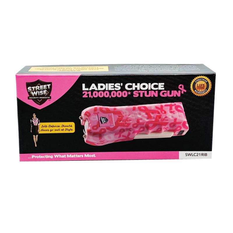 Pink Street Wise Ladies' Choice stun gun in a pink ribbon pattern in a packaging