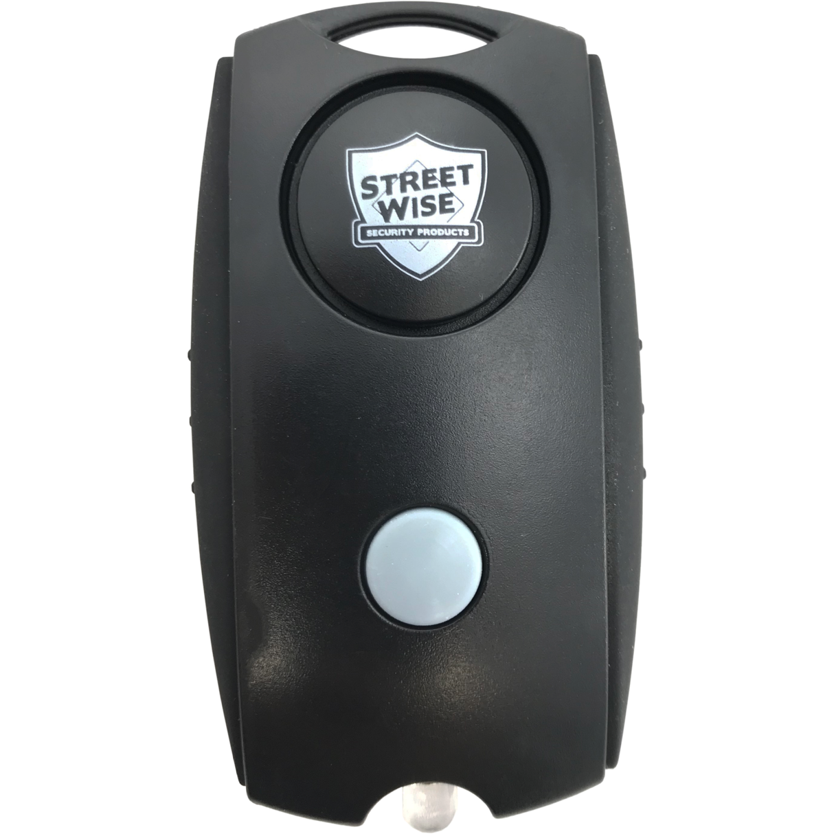 Front view of a black Street Wise key-fob stun device showing the activation button