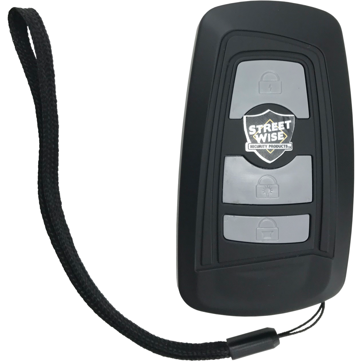 Black Fake Key Fob Mini Stun Gun Panic Alarm with silver buttons and wrist strap