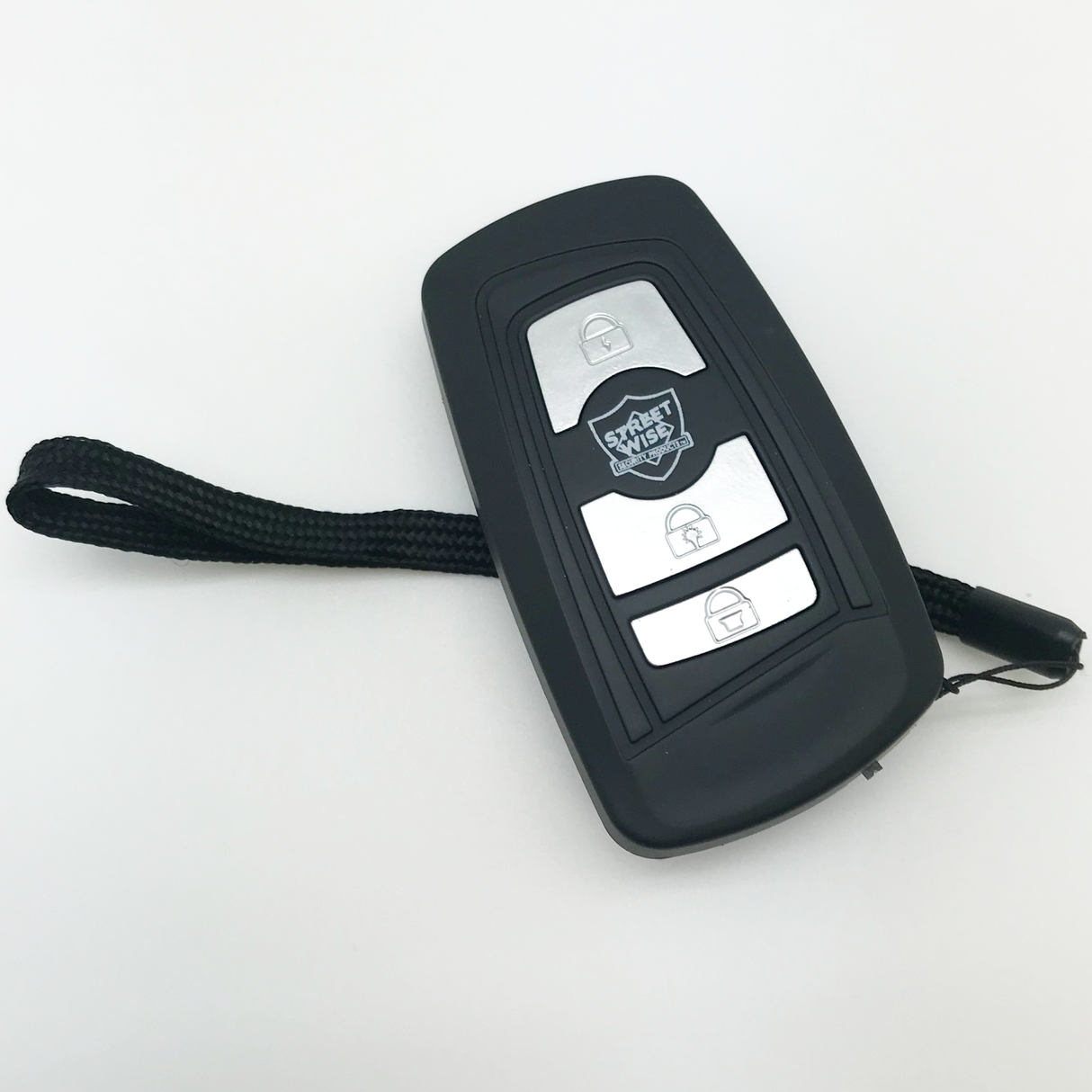 Black Fake Key Fob Mini Stun Gun Panic Alarm with silver buttons and wrist strap