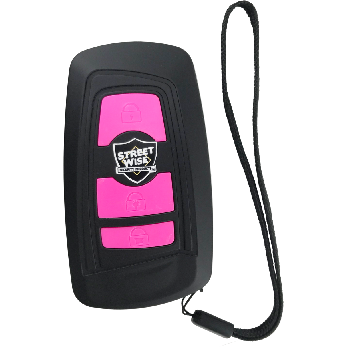 Black Fake Key Fob Mini Stun Gun Panic Alarm with pink buttons and wrist strap
