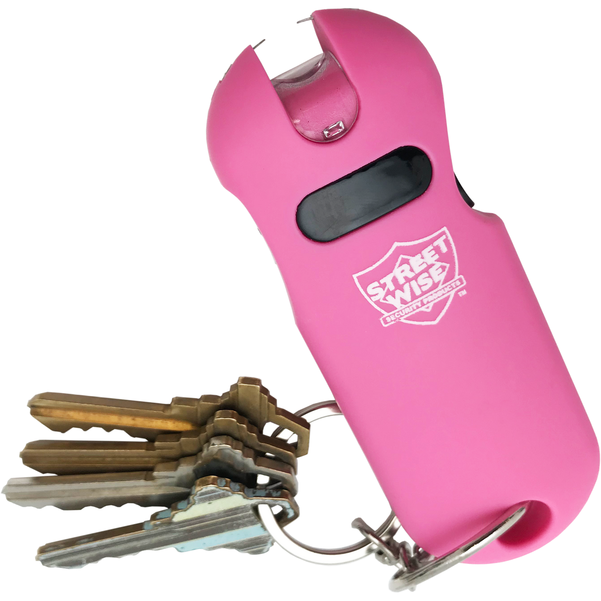 Pink Street Wise mini stun gun and flashlight attached to a keyring with keys