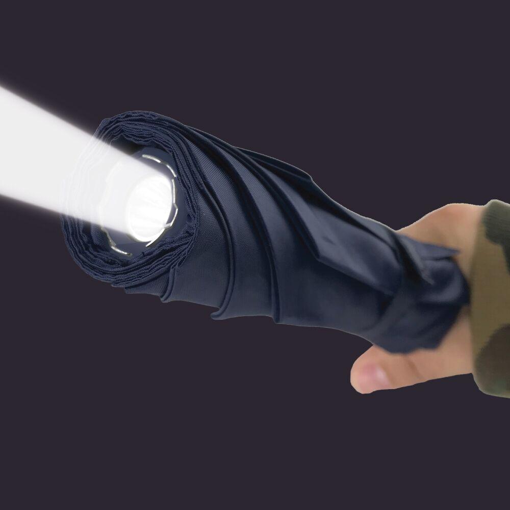 Blue Stunbrella Stun Gun from Streetwise with Flashlight on in hand