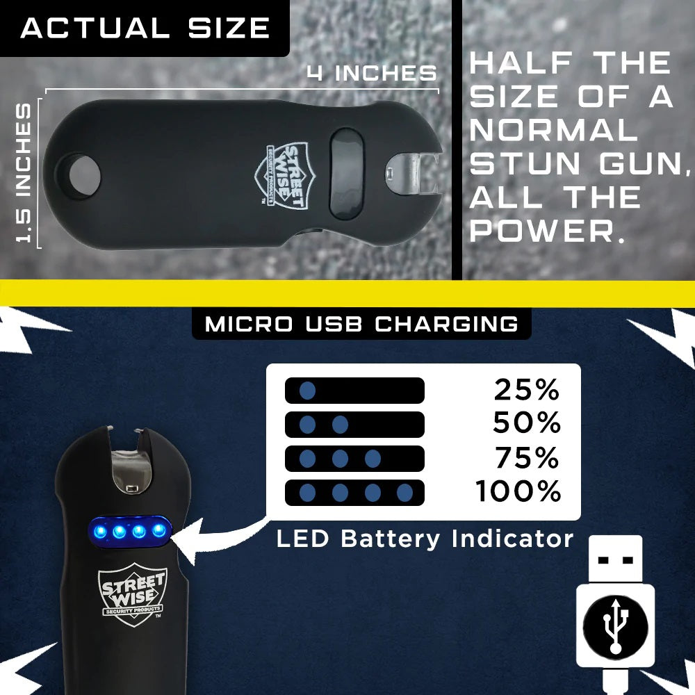 Image showing the actual size of the Street Wise micro stun gun, and detailing its Micro USB charging and LED battery indicator