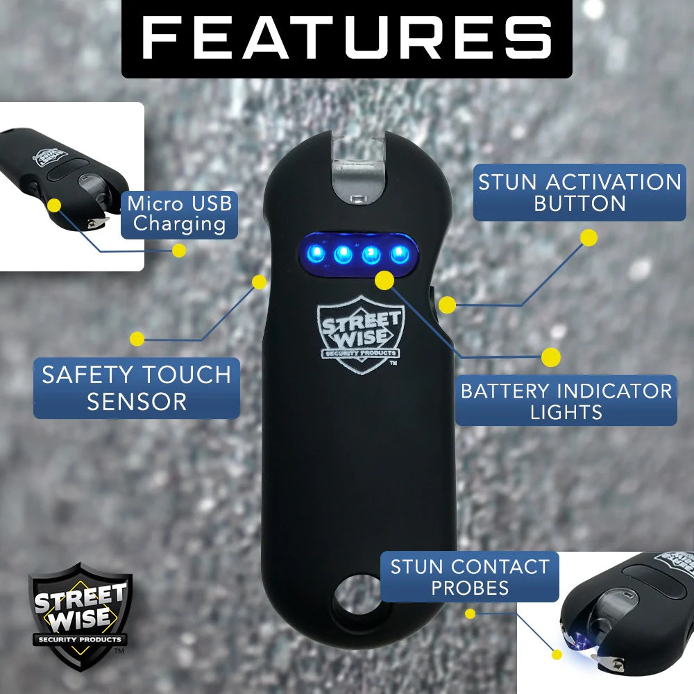 Diagram labeling the features of Street Wise stun gun, including the stun activation button, safety sensor, LED battery lights, and contact probes