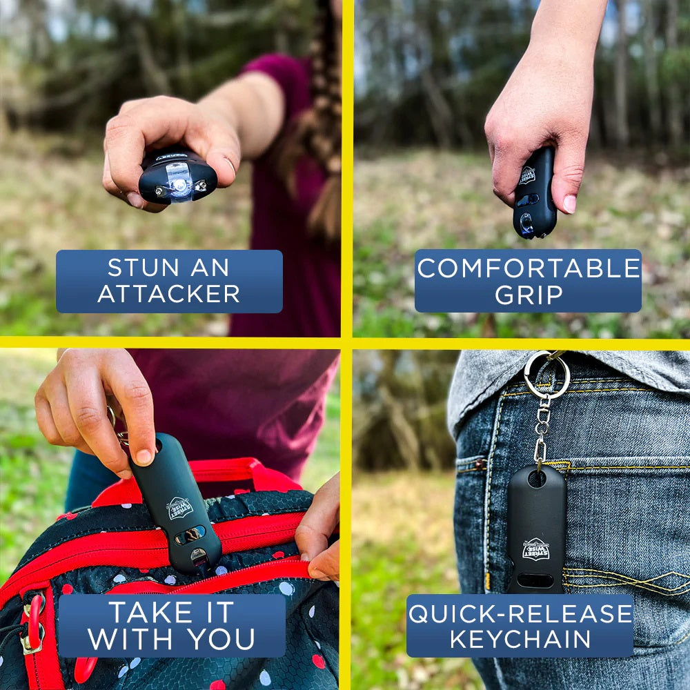 collage showing a person using the Street Wise stun gun, demonstrating how to stun an attacker, its comfortable grip, carrying it in a bag, and the quick-release keychain