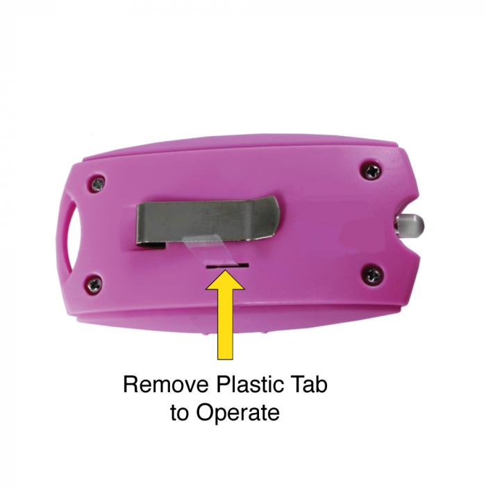 backview of pink Streetwise 120dB Keychain Panic Alarm showing its metal clip and to remove plastic tab to operate