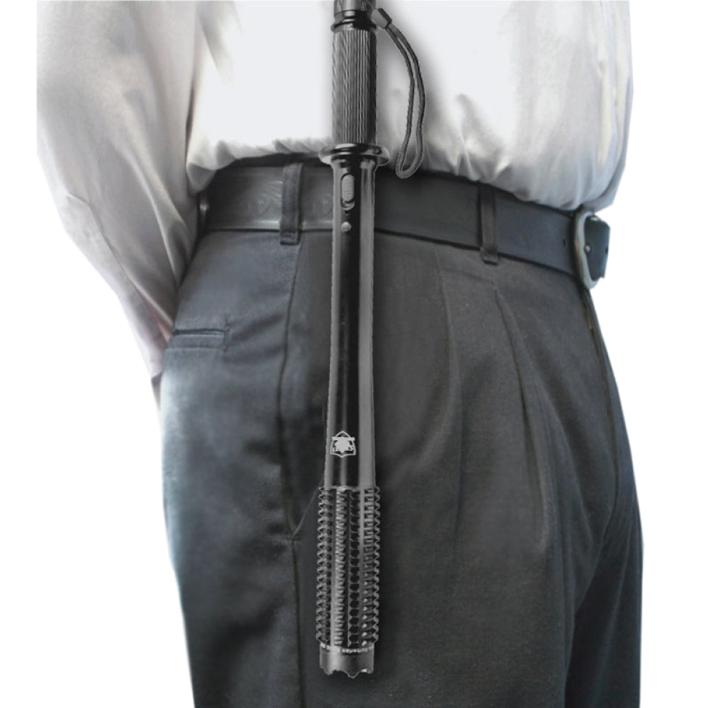 19 inch Barbarian LED Stun Gun Baton from Streetwise attached to a person's belt