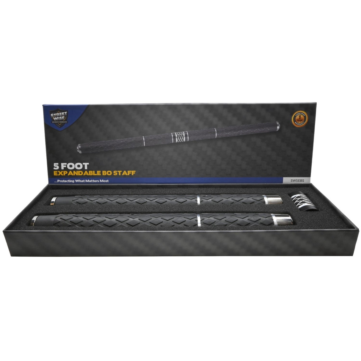 a full set of Streetwise™ Expandable Solid Steel Baton Bo Staff 5' in its packaging.
