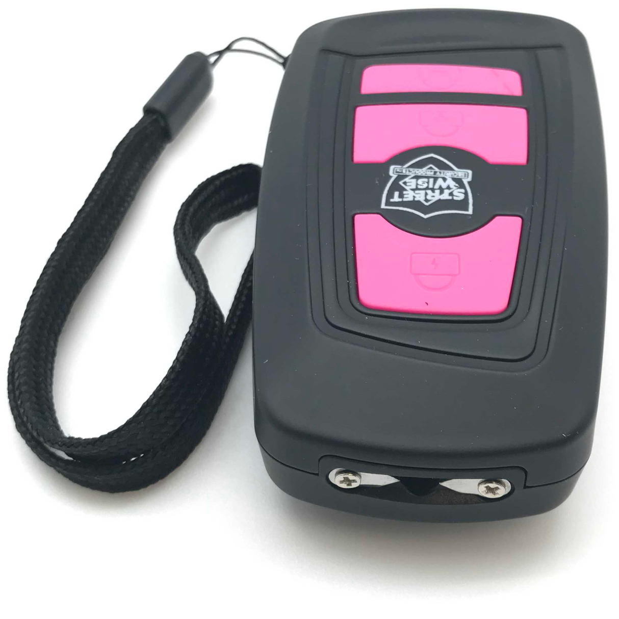 Black Fake Key Fob Mini Stun Gun Panic Alarm with Pink buttons and wrist strap and visible stun probes