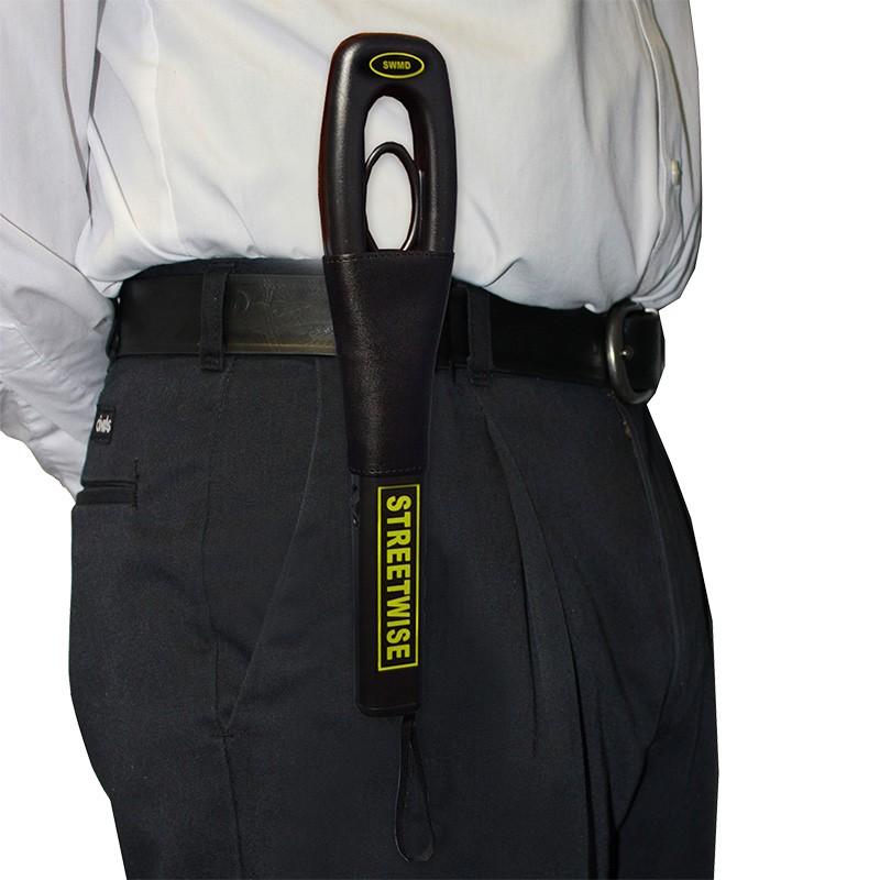 Streetwise Finger Grip Metal Detector in belt loop holster attached to a person's belt