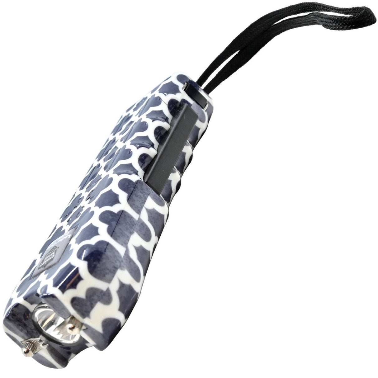 a view of the dark blue and white geometric patterned Streetwise™ Ladies' Choice LED Stun Gun Alarm with its metal prongs and its squeeze-n-stun feature and keychain strap.
