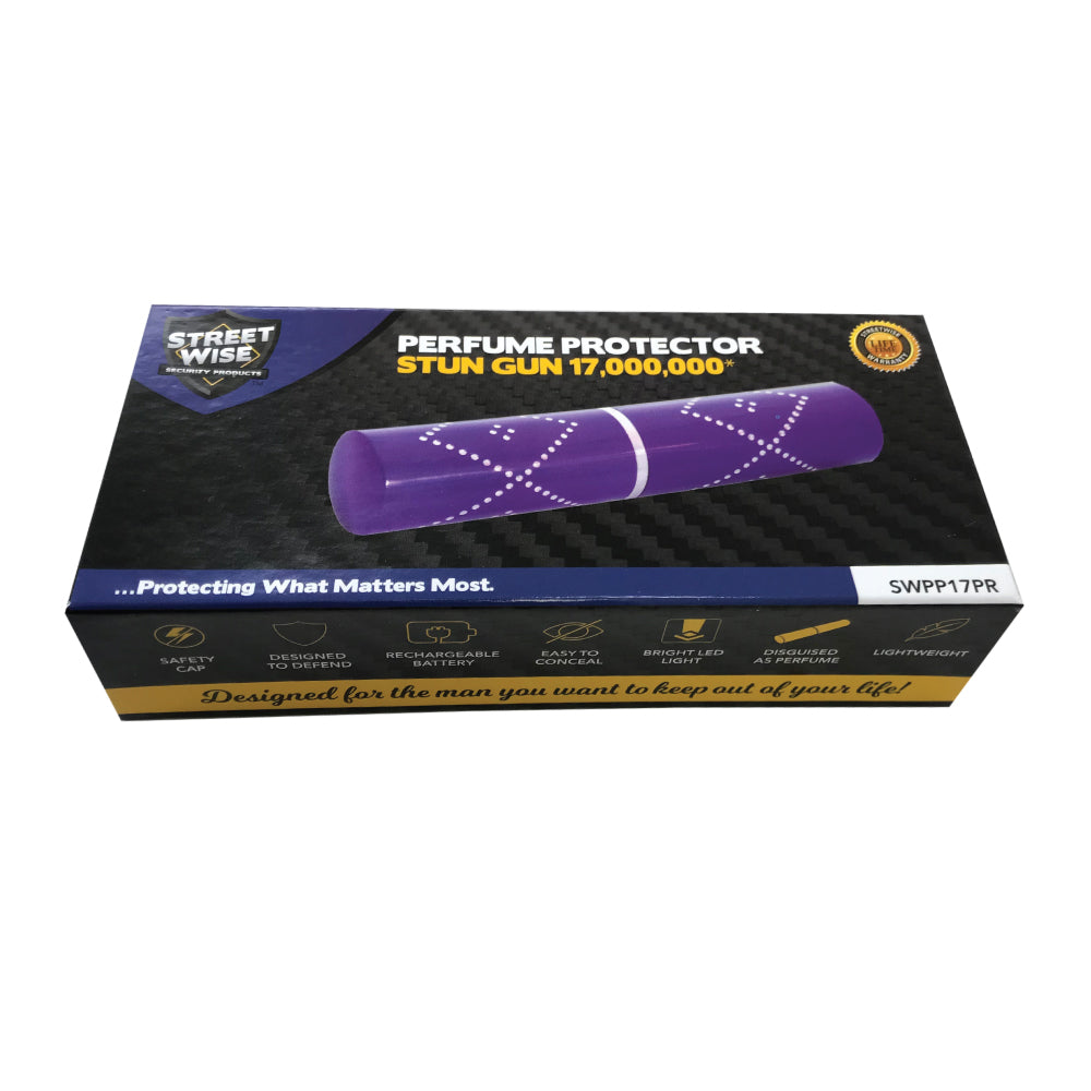 a violet Streetwise™ Perfume Protector Disguised Rechargeable Stun Gun 17M in its packaging.