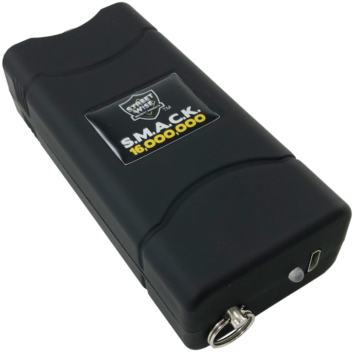 Bottom Angle view of Black Streetwise S.M.A.C.K. Keychain Stun Gun 16M