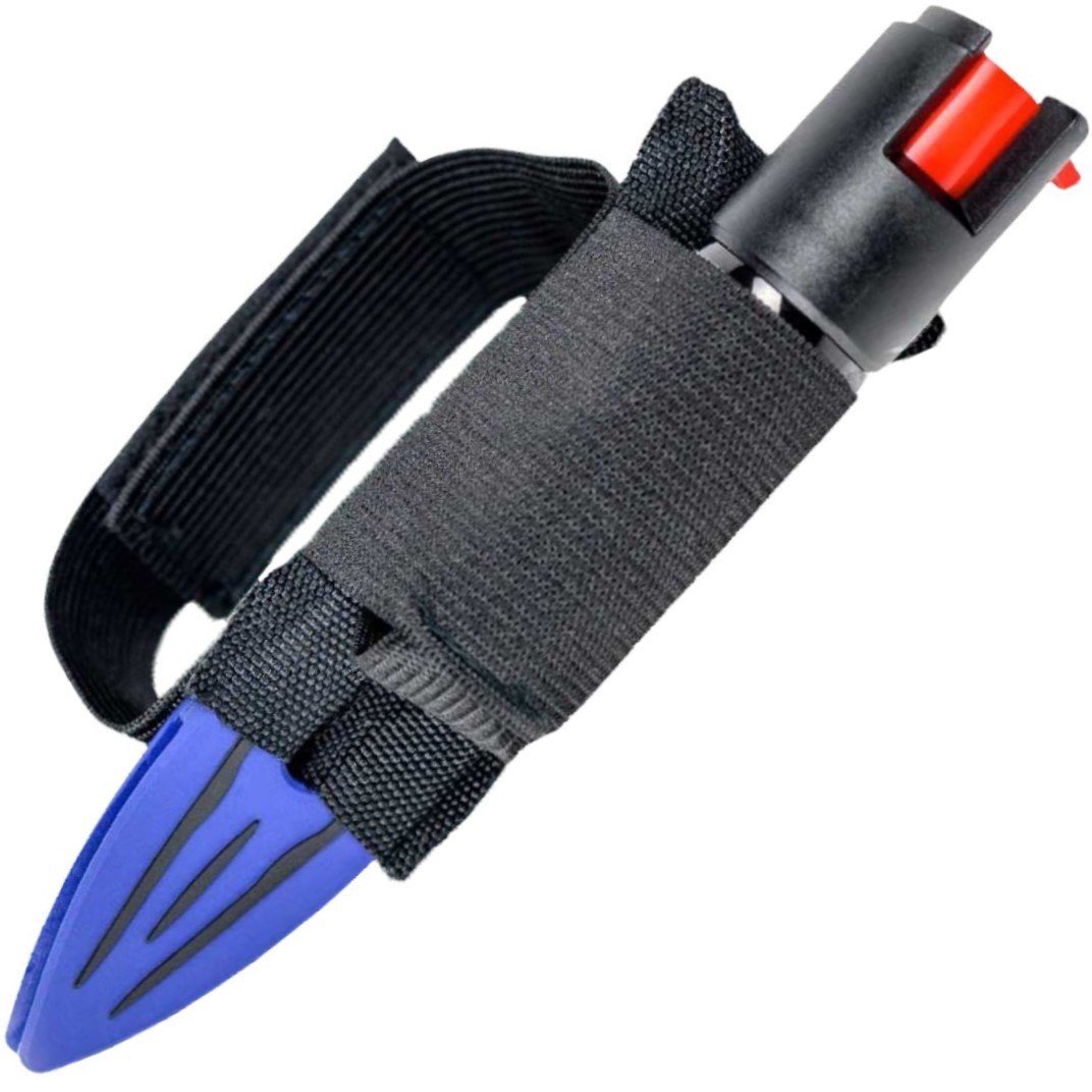 a blue Streetwise™ Strike-n-Spray Double Defender Pepper Spray with its jogging strap attached in the middle