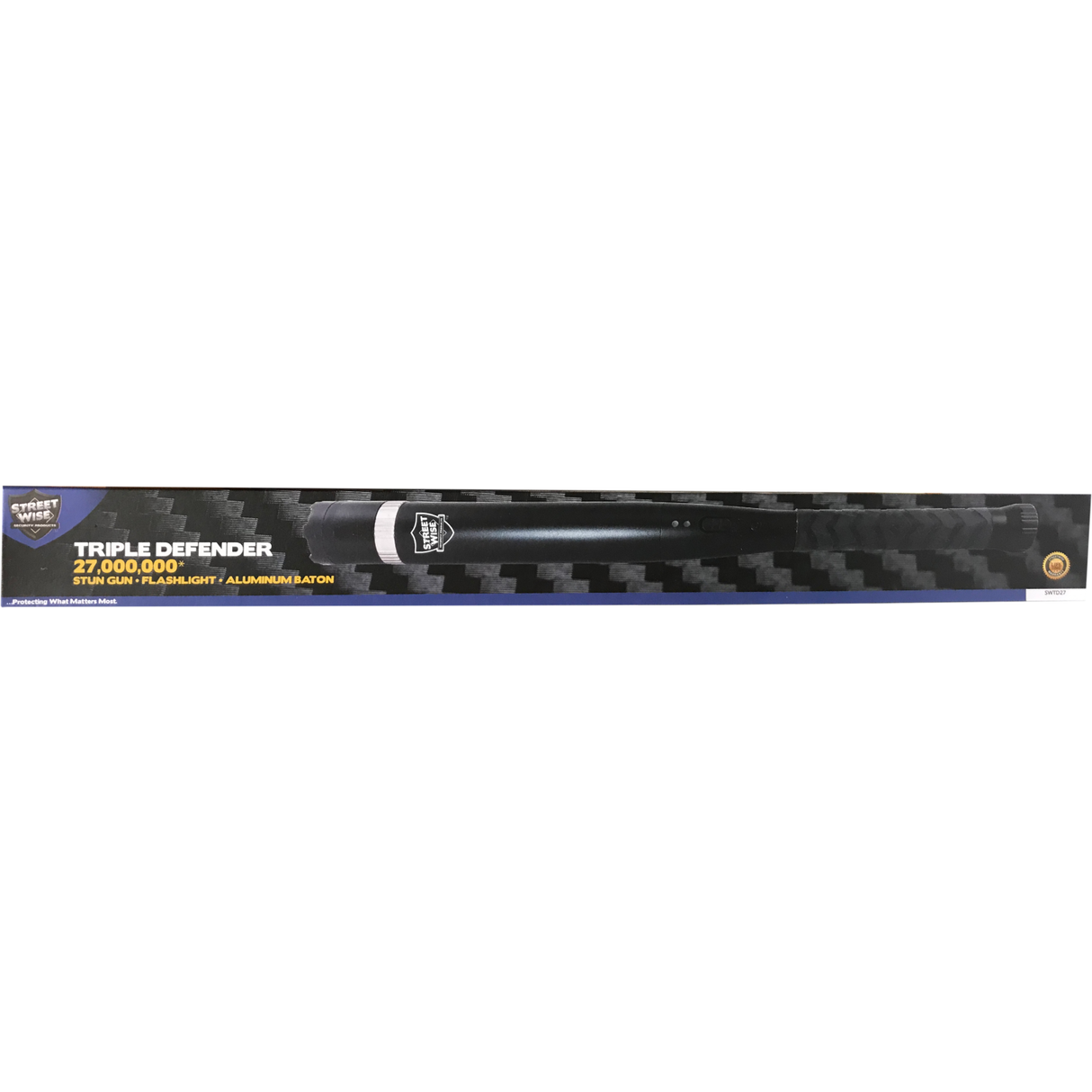a Streetwise Triple Defender 17.5" LED Stun Gun Baton 27M in packaging.