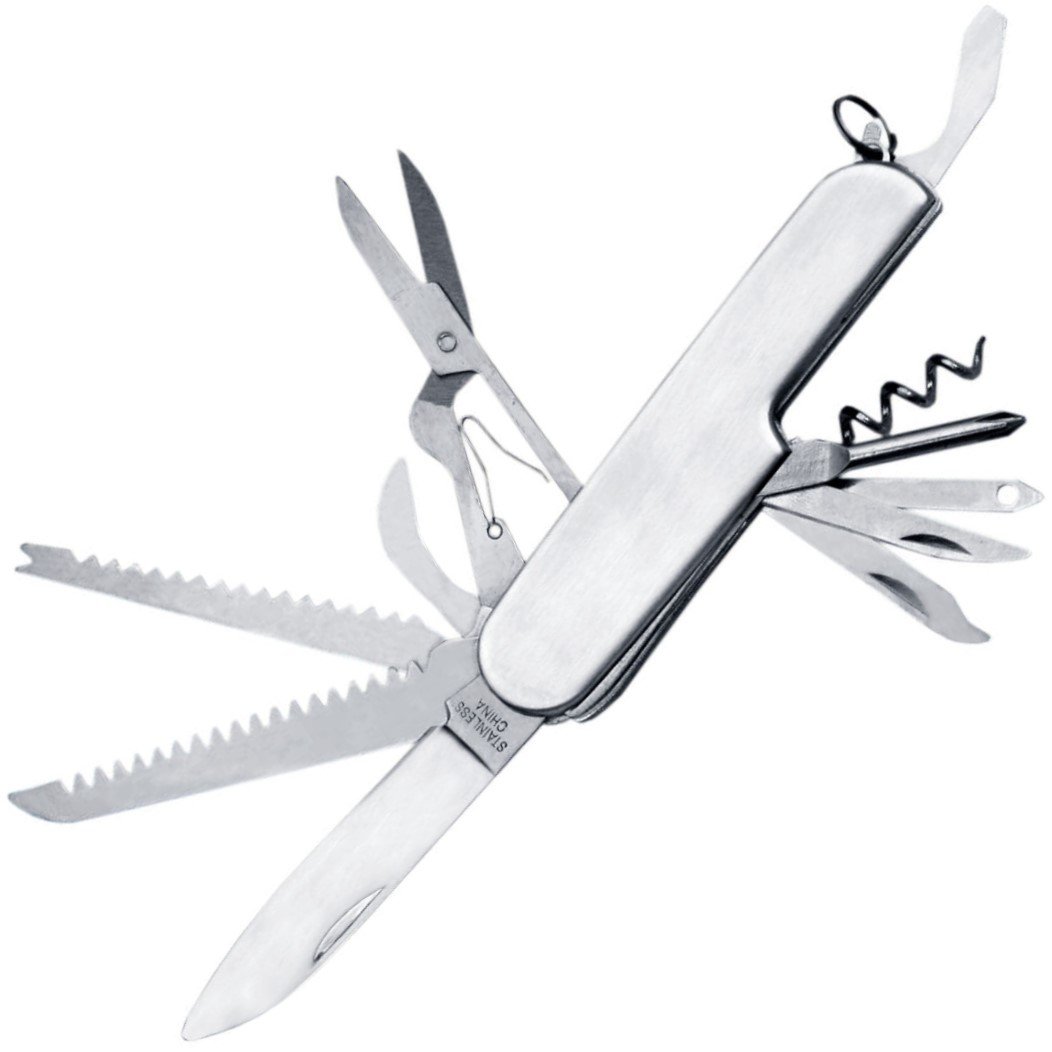 Stainless steel multi-tool pocket knife with various tools extended