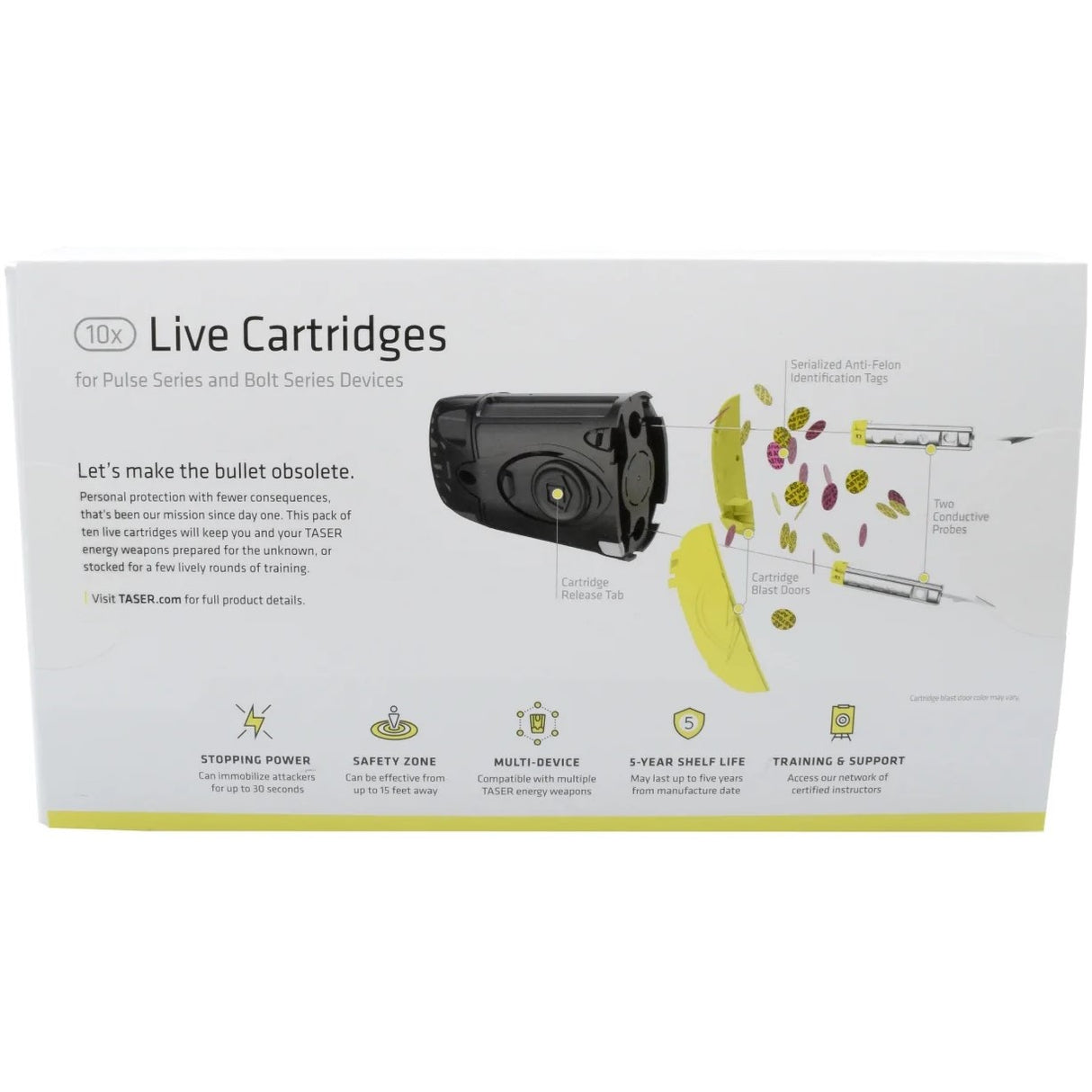 a backside view of the TASER Pulse/Bolt Reload Air Cartridges 10-Pack in its packaging