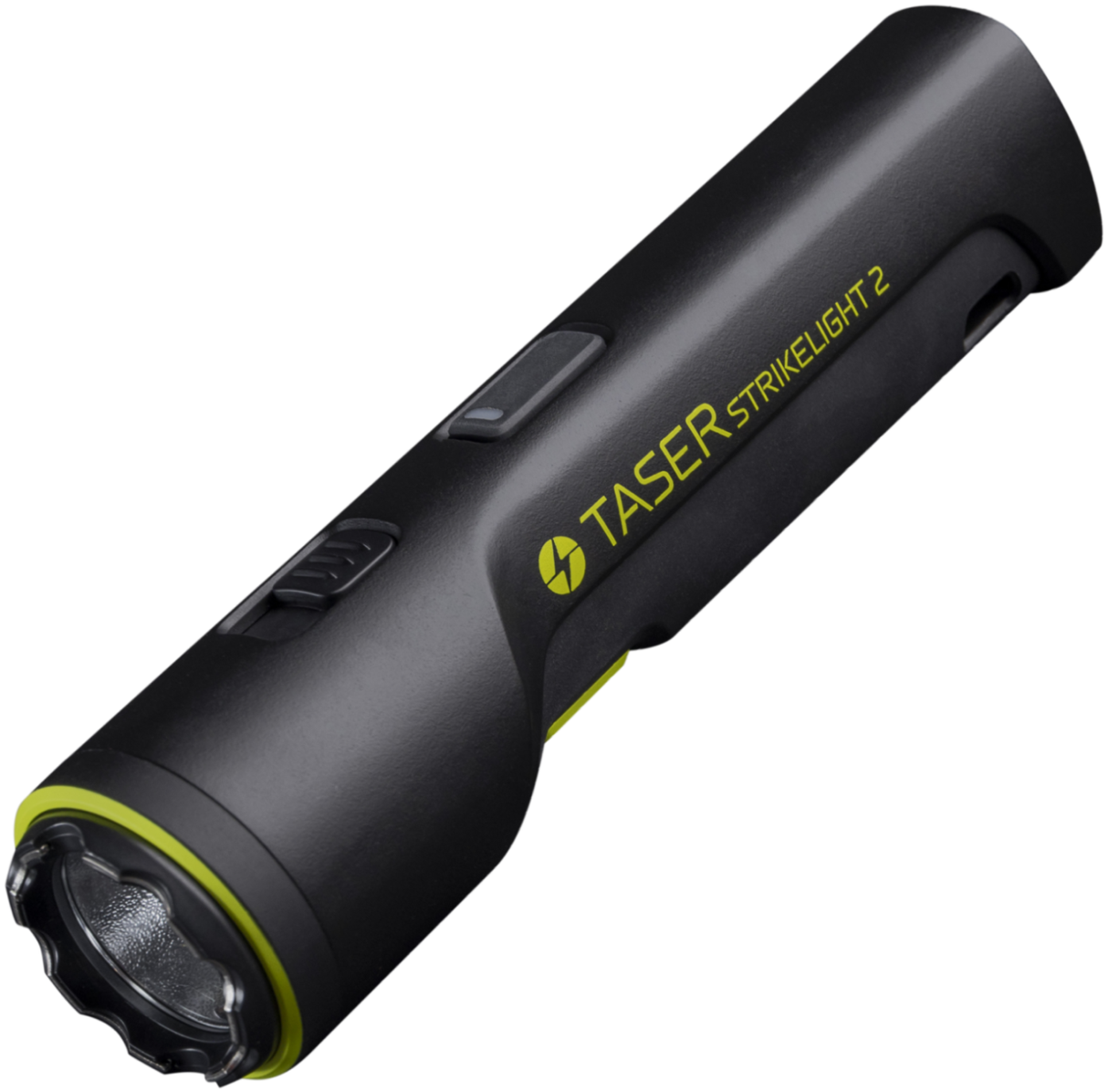 A black TASER Strikelight 2 rechargeable stun gun flashlight with green accents.