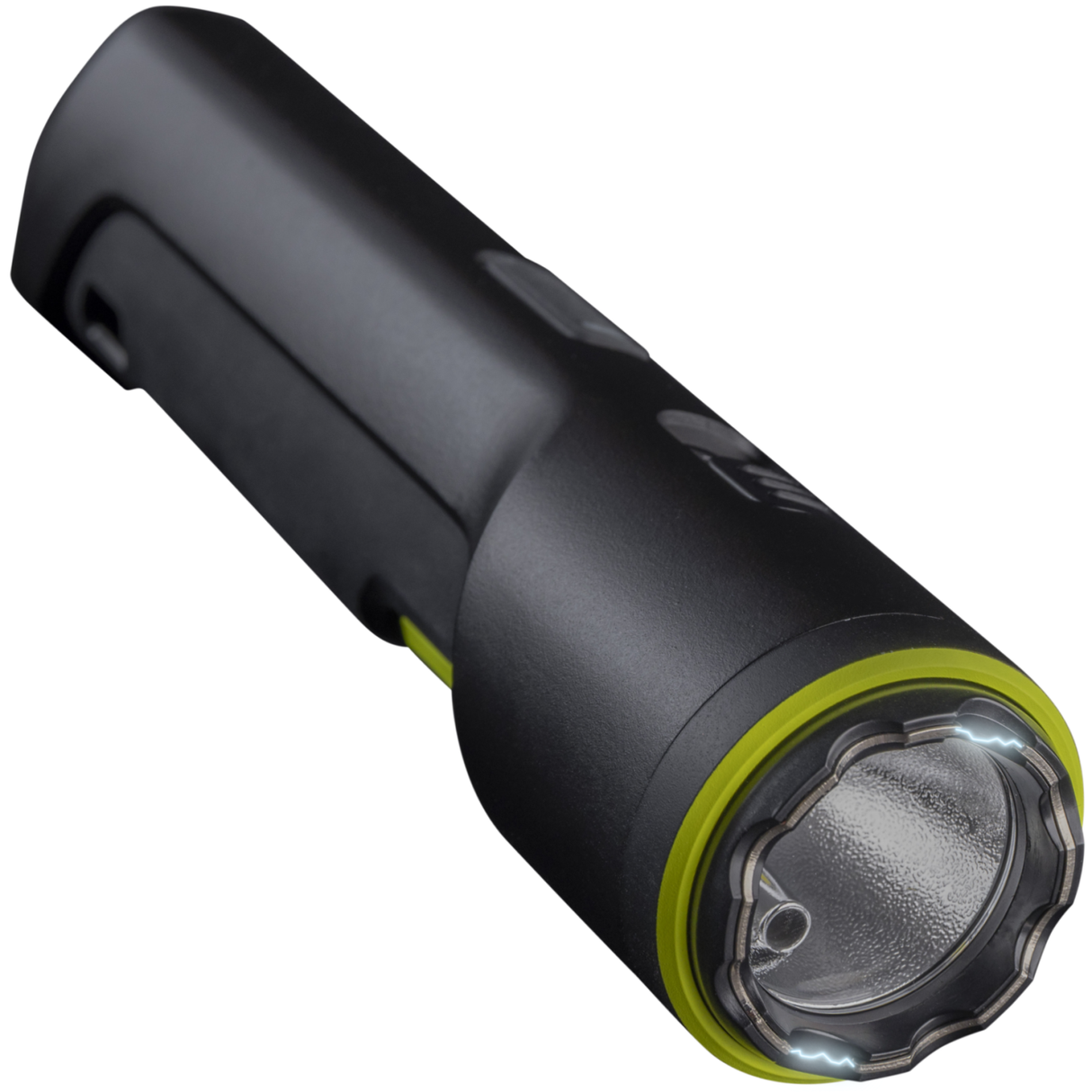 a view of the TASER Strikelight 2 Rechargeable Stun Gun Flashlight with its stun metal prongs on.