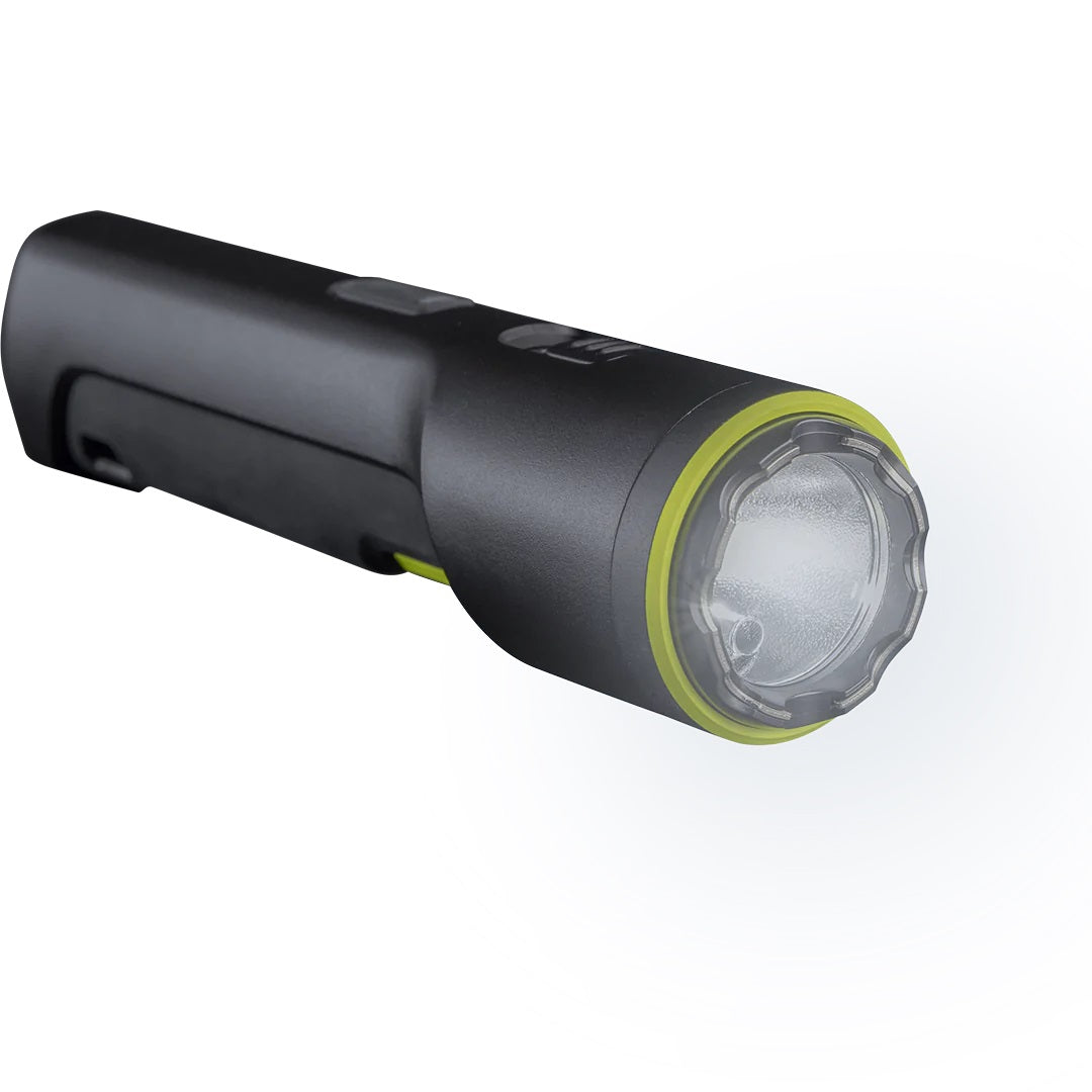 a front view of the TASER Strikelight 2 Rechargeable Stun Gun with its Flashlight on
