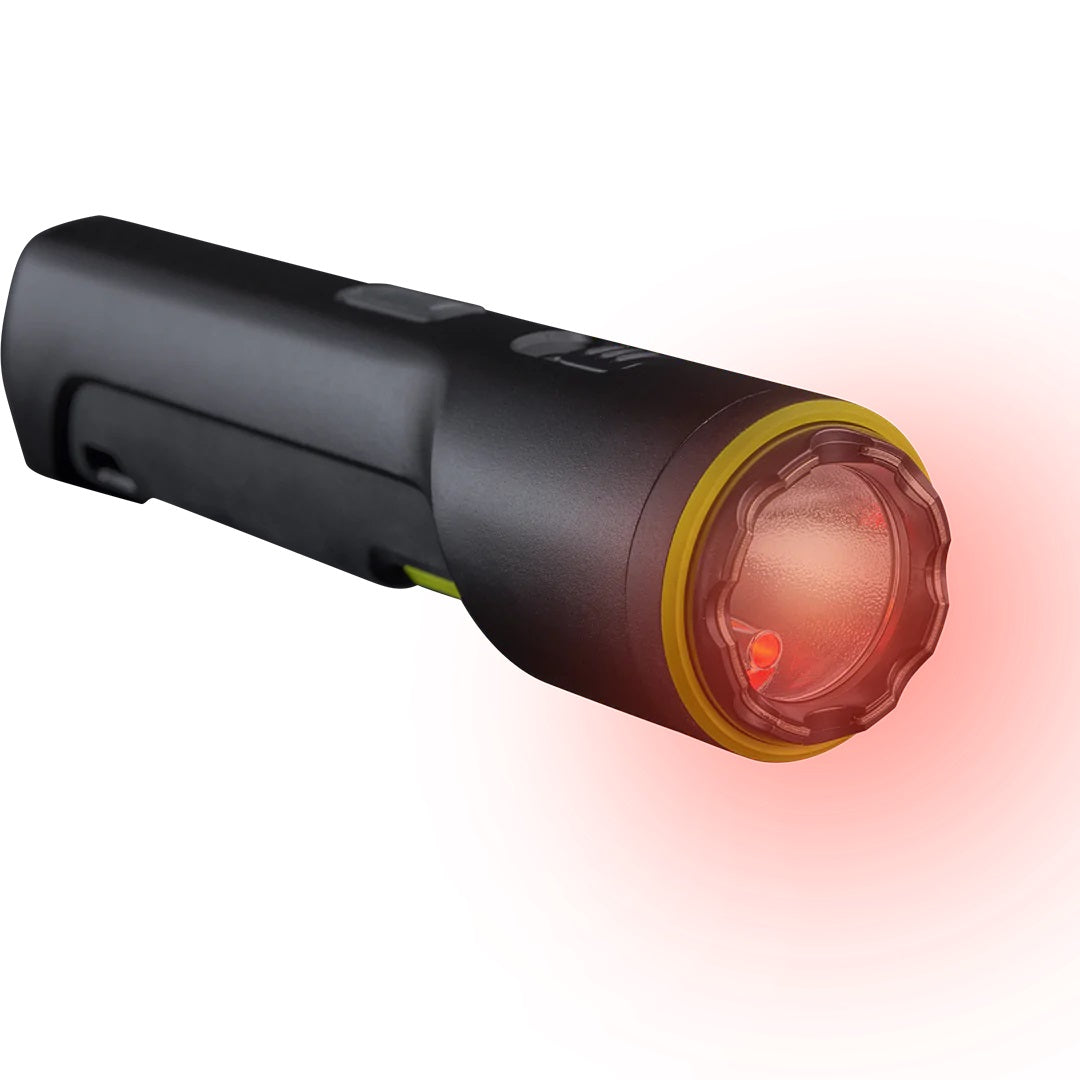 a view of the TASER Strikelight 2 Rechargeable Stun Gun Flashlight with its red light on