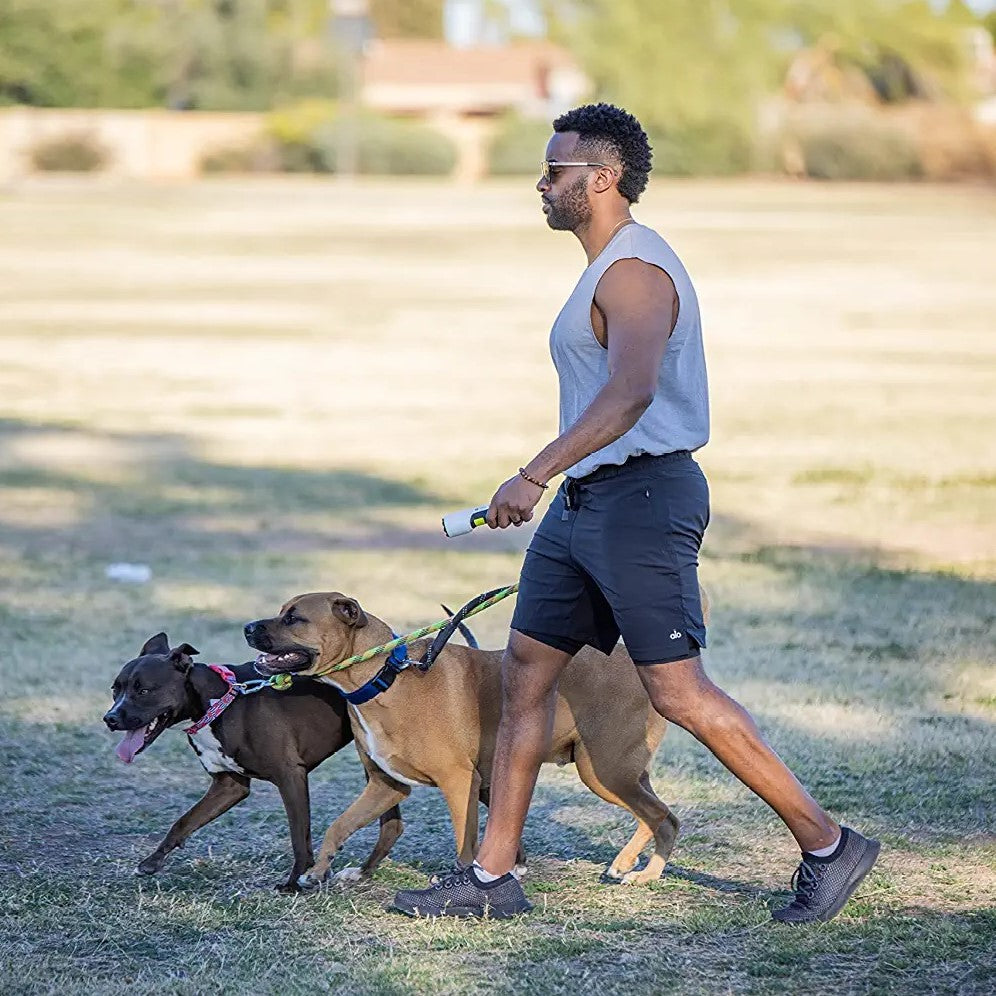 a man holding a TASER Strikelight 2 Rechargeable Stun Gun Flashlight along with a dog leash to walk his dogs