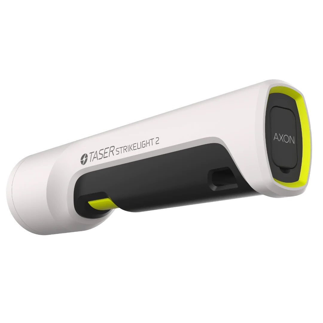 a bottom view of the white TASER Strikelight 2 Rechargeable Stun Gun Flashlight