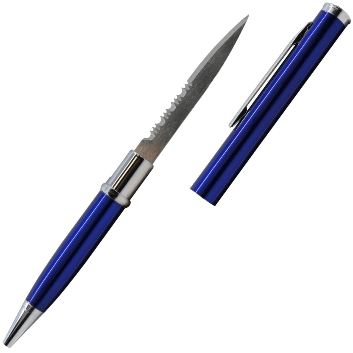 Dark Blue 2.13" Weapontek Concealed Stainless Steel Serrated Pen Knife with cap removed