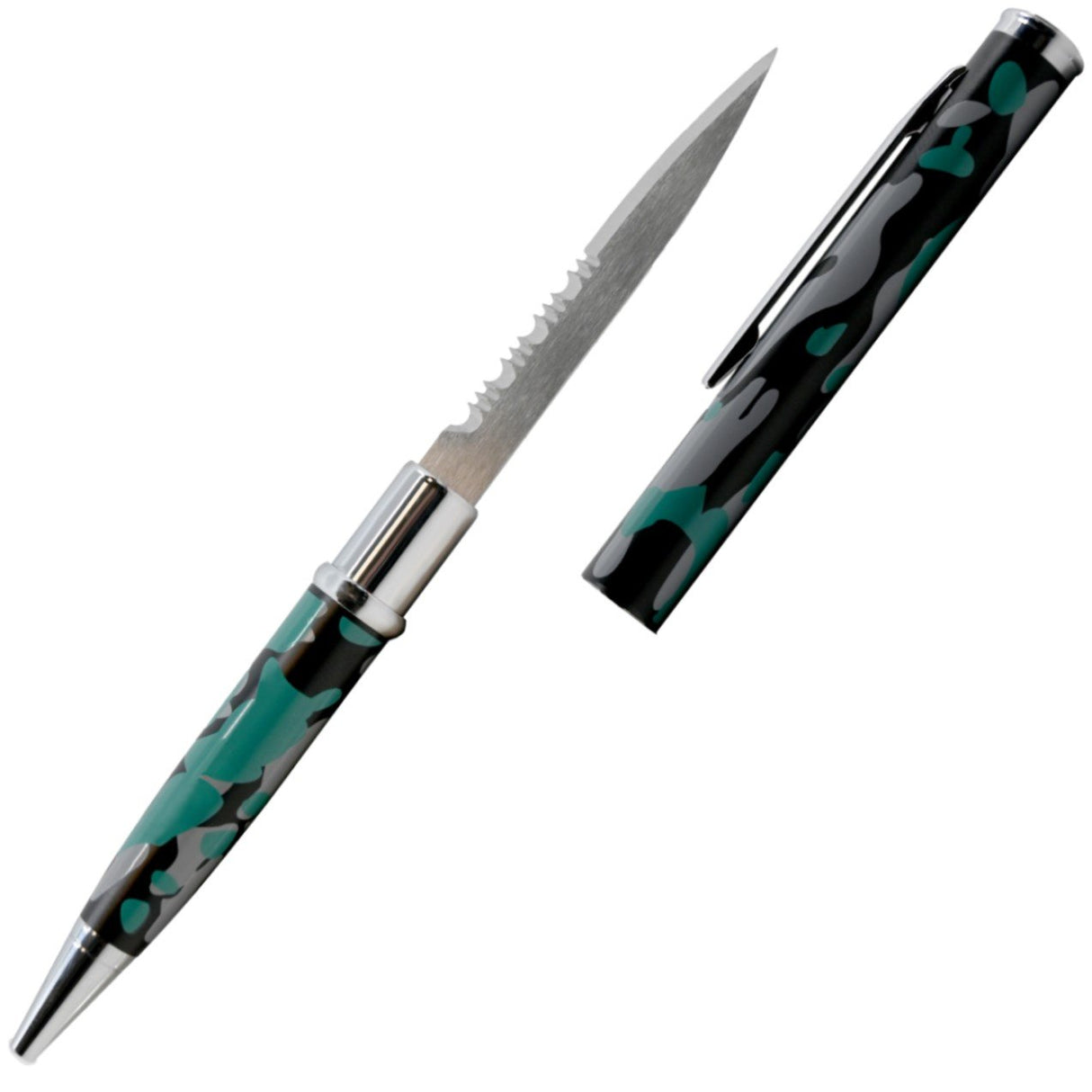 Green & Black Camouflage 2.13" Weapontek Concealed Stainless Steel Serrated Pen Knife with cap removed