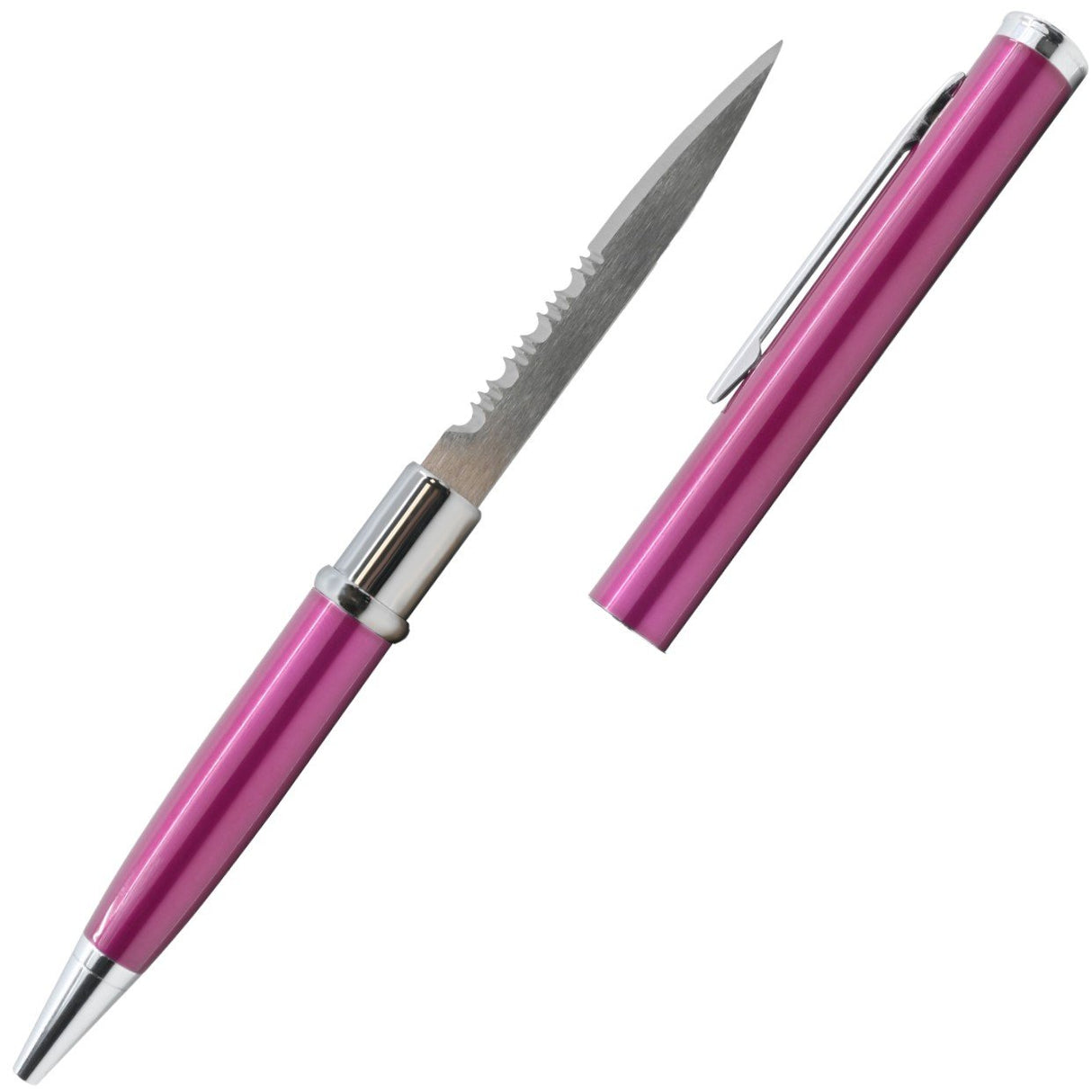 Dark Pink 2.13" Weapontek Concealed Stainless Steel Serrated Pen Knife with cap removed