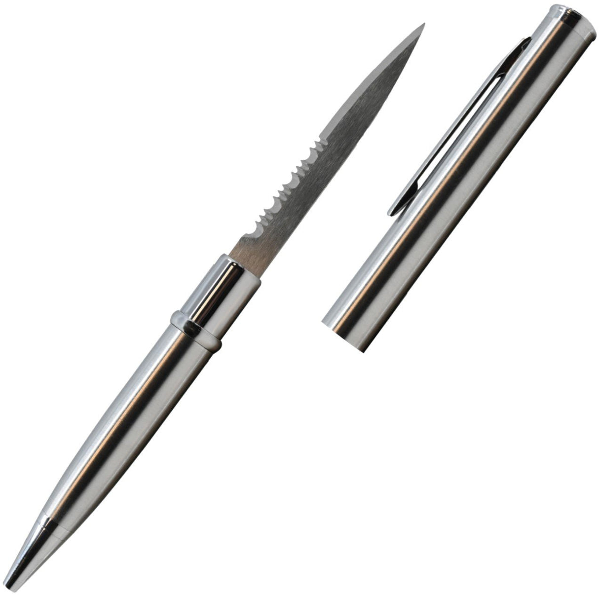 2.13" Silver Concealed Stainless Steel Serrated Pen Knife with cap removed