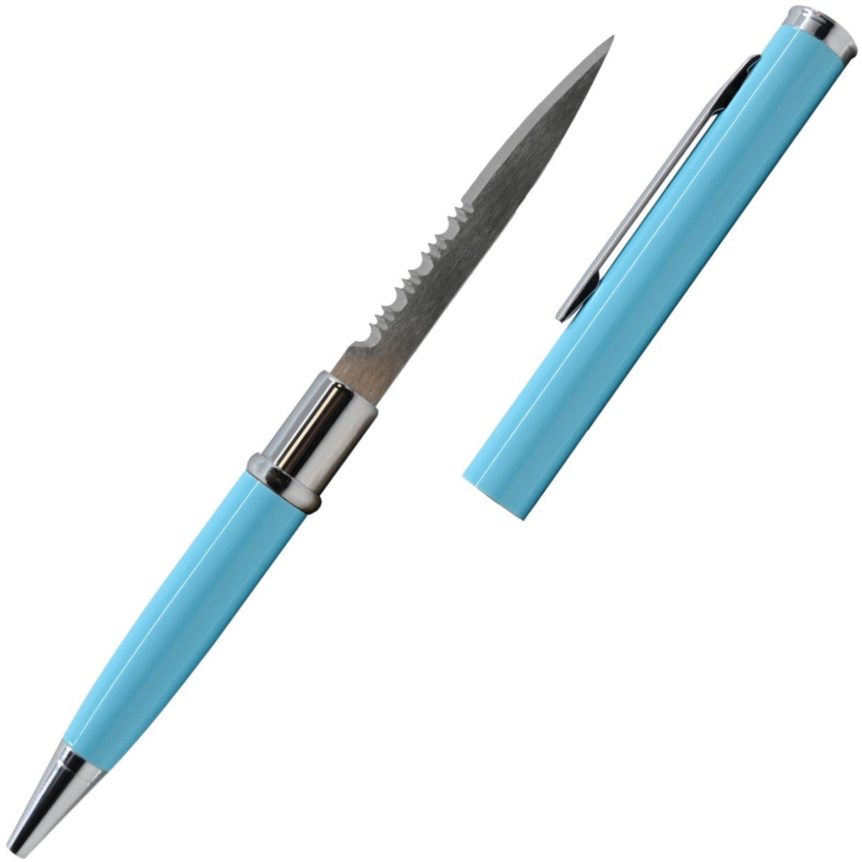 Light Blue 2.13" Weapontek Concealed Stainless Steel Serrated Pen Knife with cap removed