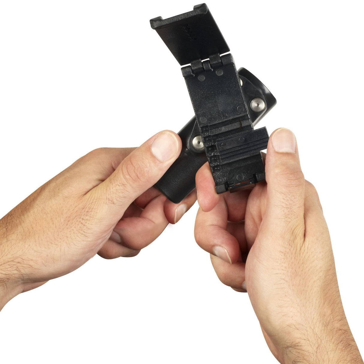 A hand opening a mounting bracket of ASP Multi Flashlight Tactical Light Case Holster