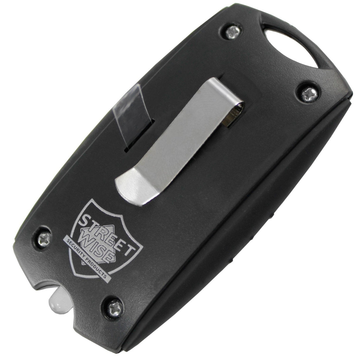 a back view of the The Protector Self-Defense Keychain alarm, showing its metal attach clip