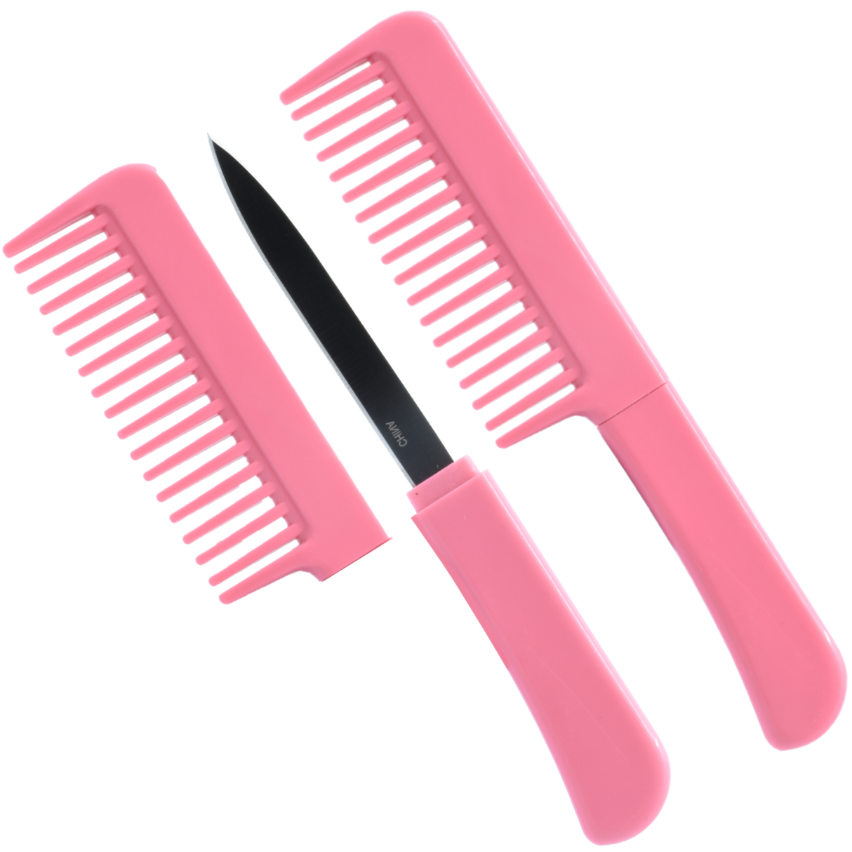 Peach Tiger-USA Comb Knife, disassembled to show the hidden stainless steel blade between the two comb pieces