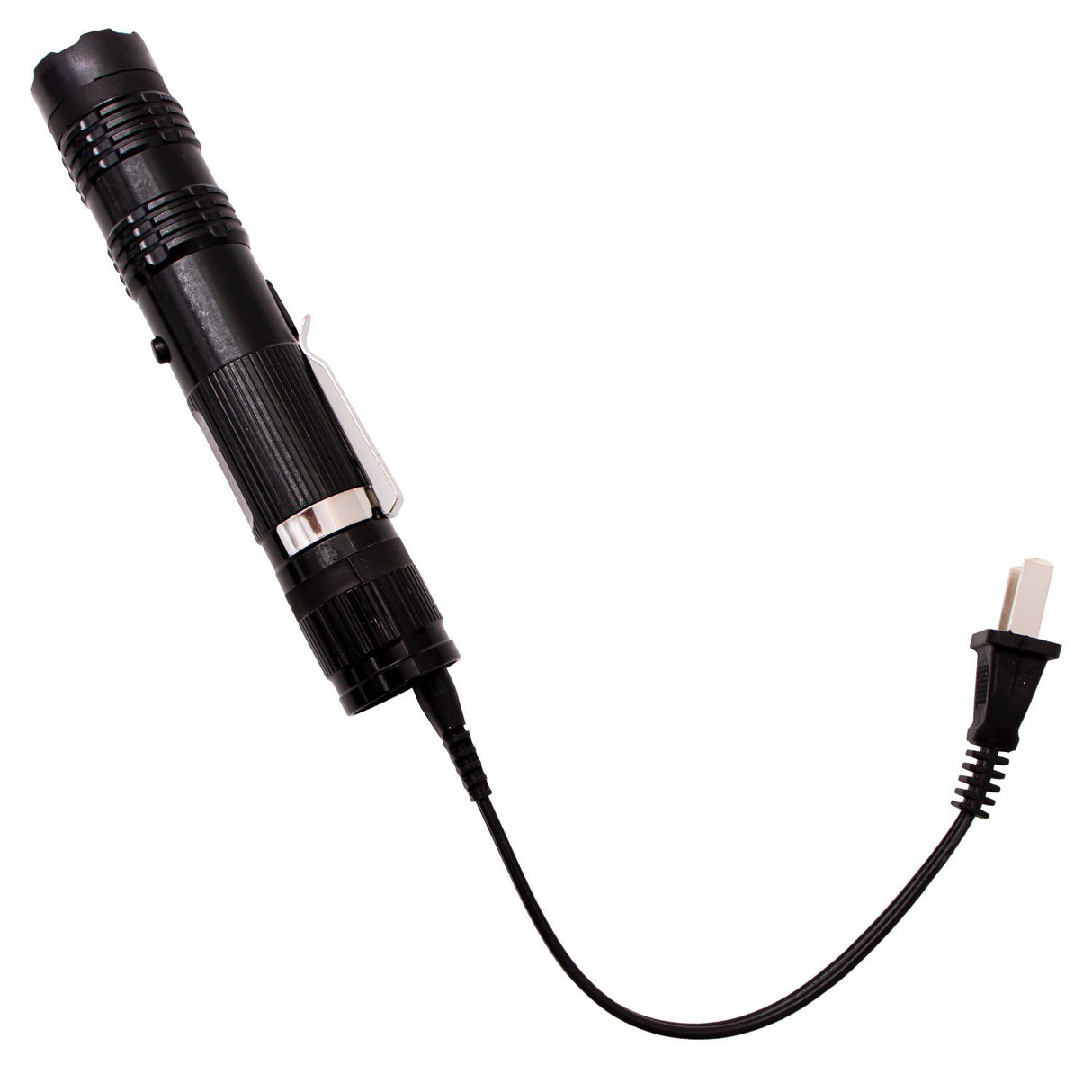 a Tiger-USA Xtreme SHOCKDROP Stun Gun Flashlight with a plug attached