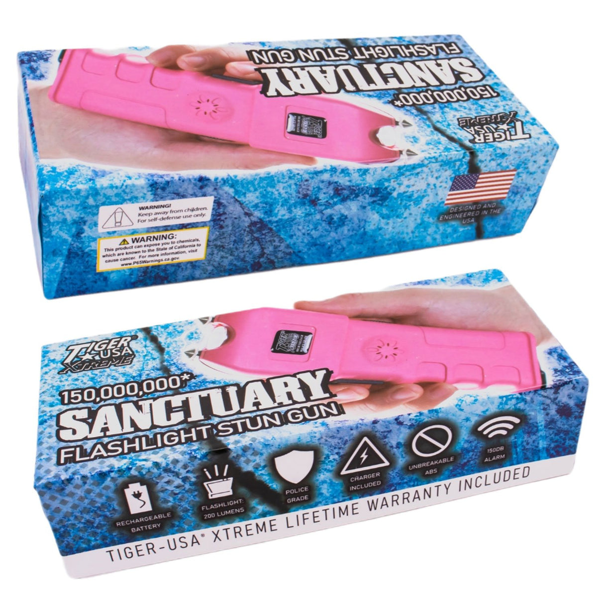 a pink Tiger-USA Xtreme Sanctuary LED Alarm Stun Gun in its packaging