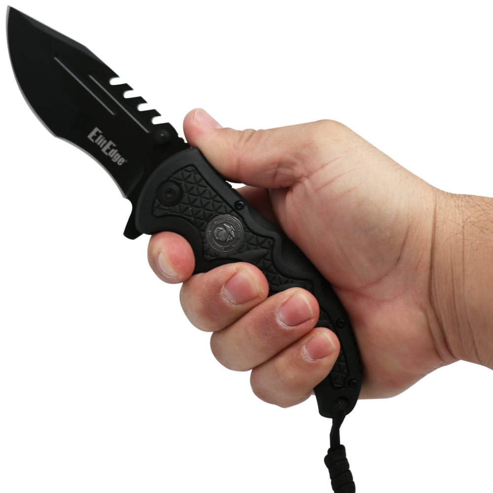 Hand holding an open Black 3.5" folding stainless steel pocket knife with paracord by Elite Edge