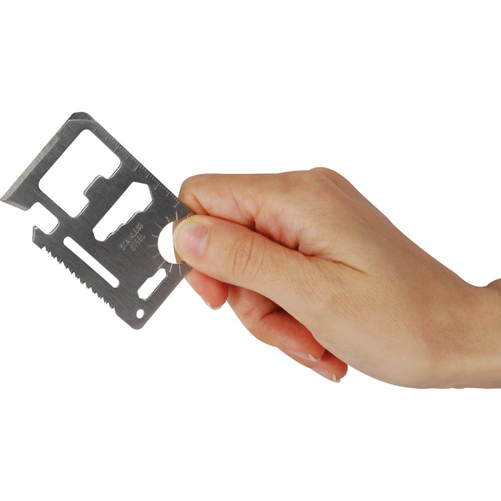 a hand holding an 11-in-1 Stainless Steel Credit Card Survival Knife Pocket Tool