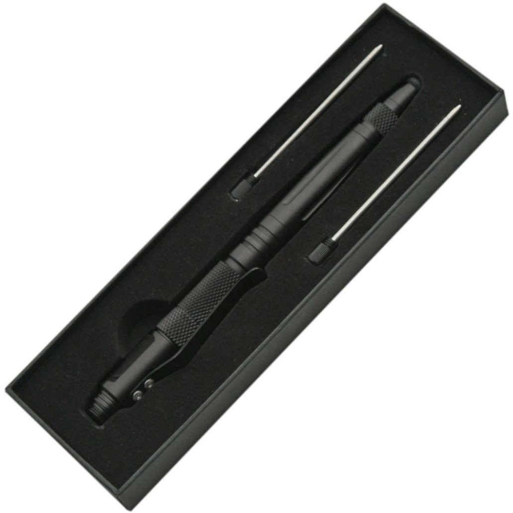 4-in-1 Tactical Pen Knife w/ Stylus & Glassbreaker in a black box with foam