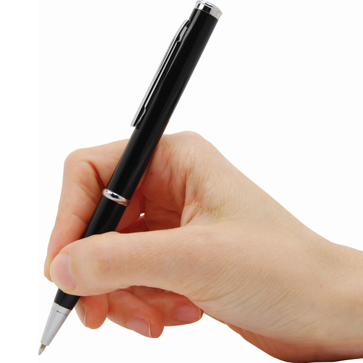 a hand using a WeaponTek Concealed Stainless Steel Pen to write