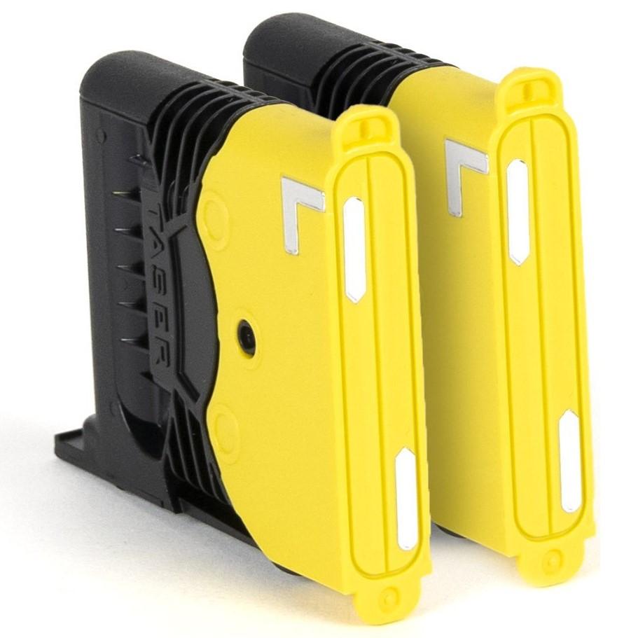 Two black and yellow TASER X2 Reload Air Cartridges standing upright