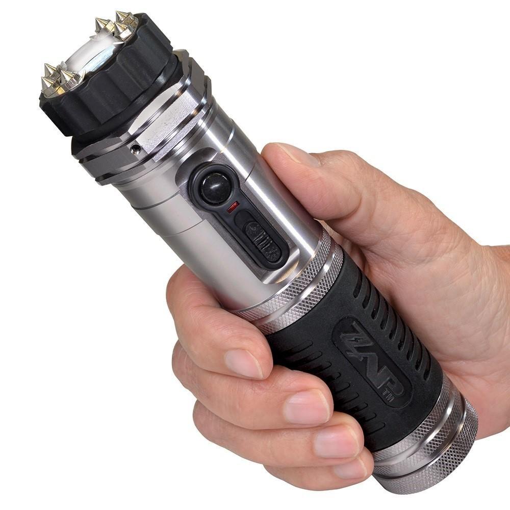 ZAP Light Rechargeable Stun Gun Flashlight Silver in hand
