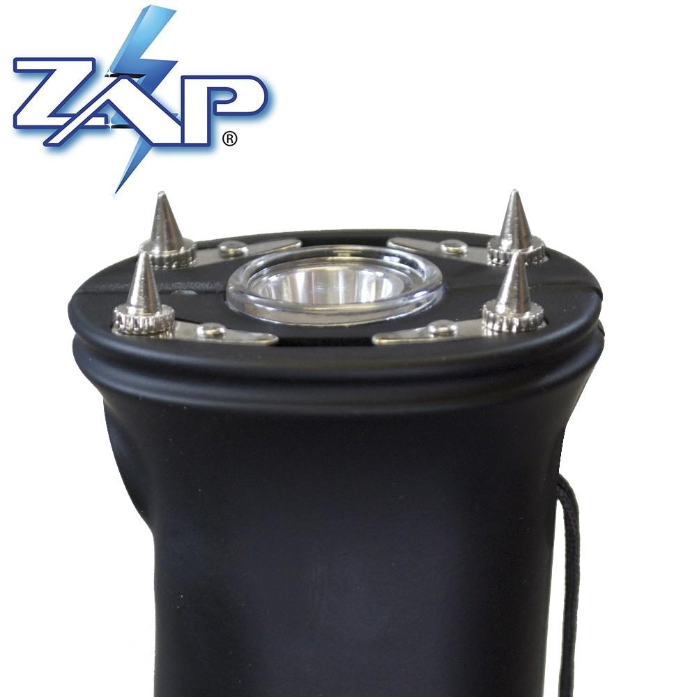 a close up angle of the ZAP Hike 'n Strike™ LED Stun Gun Staff, showing its metal prongs